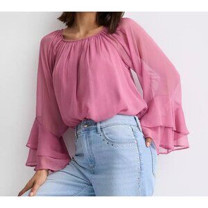 Ann Taylor LOFT Precious Rose Tiered Ruffle Sleeve Chiffon Blouse S NWT Women